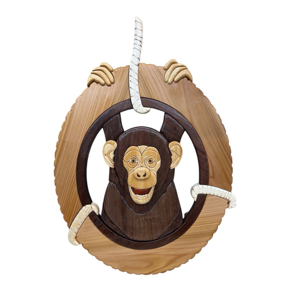 Monkey Business Intarsia Art - Handmade Chimpanzee in Tire Swing Wall Hanging